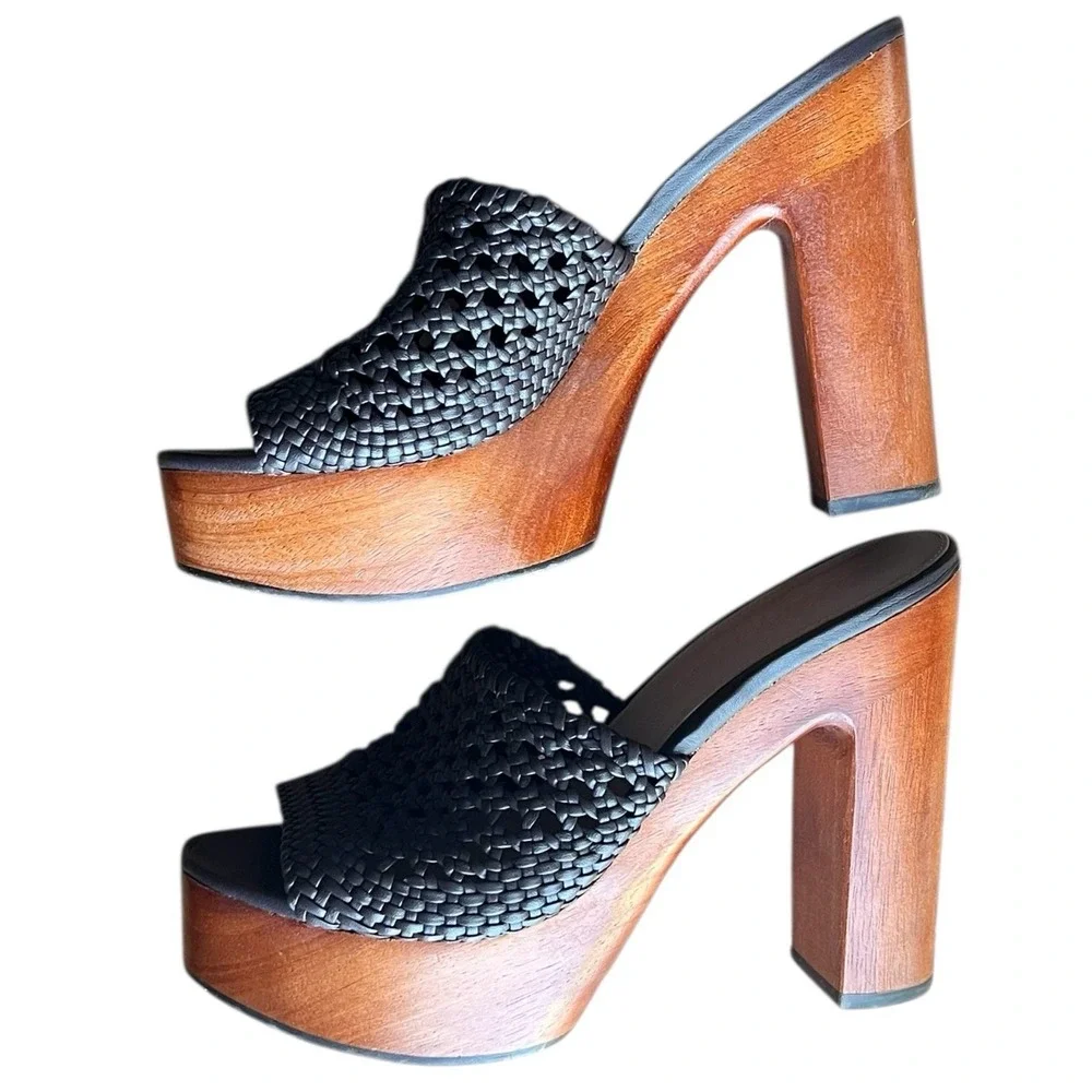 Veronica Beard Guadalupe Woven Platform Mule Heels Wood‎ Chunky Resort 8.5